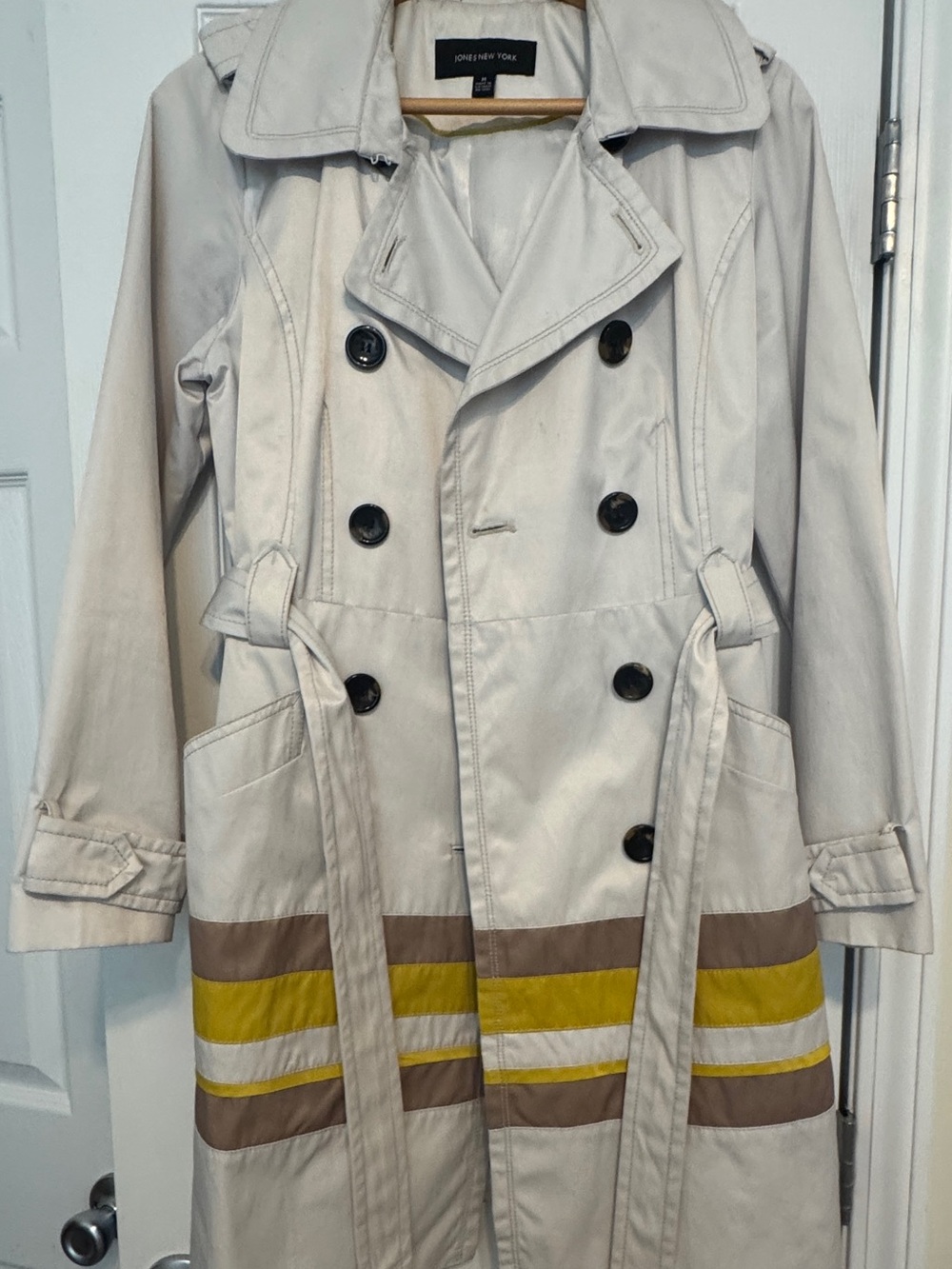 Jones New York Light Beige Trench Coat with Yellow & Brown Stripes